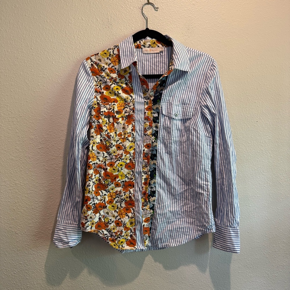 Tory Burch Patchwork Printed Shirt In Ivory Blossom Ditsy Women’s Size 8 - Picture 3 of 8
